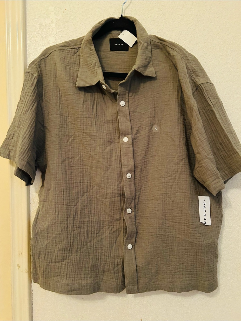 PacSun Men's Short-Sleeve Textured Button-Up Shirt - Olive Green